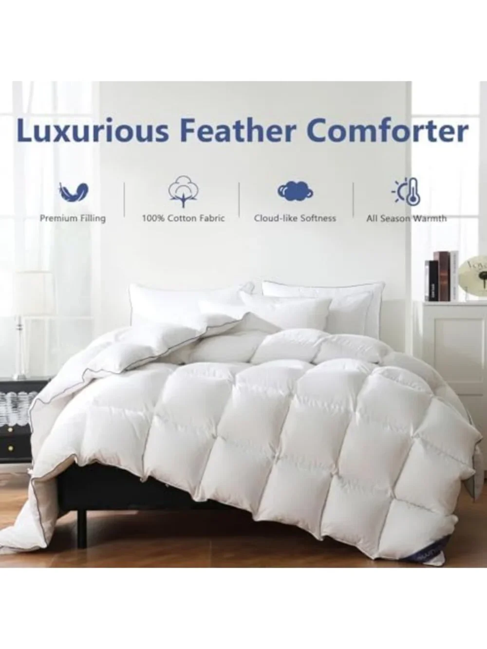 Luxurious White Queen Size Feather Comforter, 100% Cotton, Soft & Cozy 90
